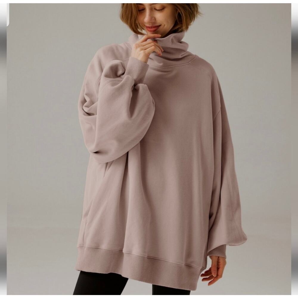 NAP Loungewear Cotton Blend Boxy Turtleneck Sweatshirt Mauve Medium